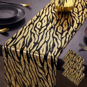 Peryiter 3 Pcs Roaring 1920's Table Runners Decorations 12 x 108 Inch Great 20's Black and Gold Table Runner Sequin Reusable Tablestrip for 1920s Vintage Speakeasy Wedding Party