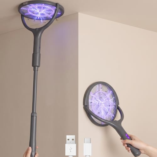 Rotating Head Electric Fly Swatter Rechargeable, 360° Swivel Mosquito Zapper Racket with Telescopic Extension Handle, Dual Mode Bug Zapper Indoor with Purple Light Attractant, T2800V Safe Grid