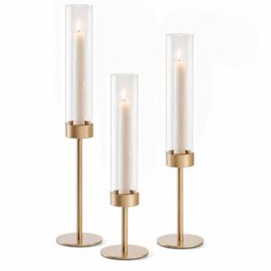 POKINE Glass Hurricane Candle Holders for Candlestick, Gold, Set of 3 | Removable Borosilicate Clear Glass Cylinder Cover, Matte Gold Finish, Wedding Table Centerpiece, Party Christmas Decor