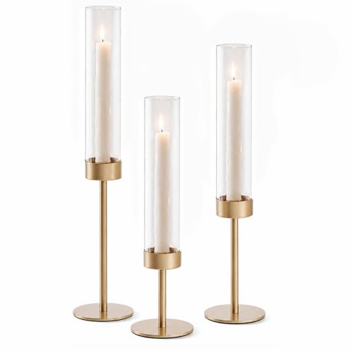 POKINE Glass Hurricane Candle Holders for Candlestick, Gold, Set of 3 | Removable Borosilicate Clear Glass Cylinder Cover, Matte Gold Finish, Wedding Table Centerpiece, Party Christmas Decor