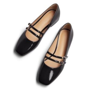 Coutgo Women's Mary Jane Flats Square Toe Ballet Flats Double Strap Slip On Dressy Shoes for Work Office, Black, Size 7.5