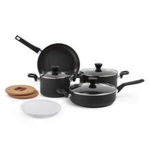 Amazon Basics Ceramic Non-Stick Pots and Pans Set with Glass Lids, Stackable, Space Saving, Oven Safe to 350°F, 10-Piece, Dishwasher Safe