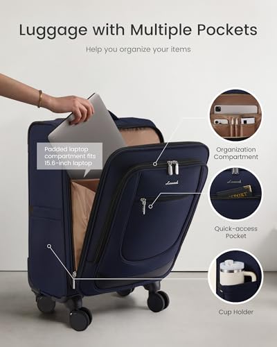 LOVEVOOK Carry On Luggage 22x14x9 Airline Approved 20inch Softside Suitcase | Carry-on Suitcase with Spinner Wheels TSA Lock for Women Men, Small Rolling Luggage for Travel Airplanes, Wet Pocket, Blue - Image 4