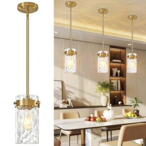 Brushed Gold Pendant Lights for Kitchen Island 4.72" Hammered Glass 1 Pack | Adjustable Rod Height, Dimmable, E26 Bulbs, Rust-resistant Damp Rated For Bathrooms, 5-Year Warranty, UL Certification
