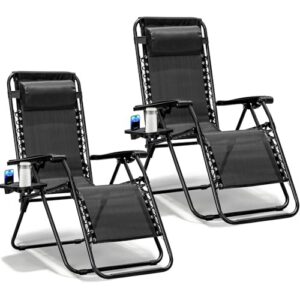 MAKE CHANGES Zero Gravity Chairs Set of 2, Adjustable Lounge Chair Outdoor Recliner, Folding Reclining Lawn Chair, Anti Gravity Chair with Pillow & Cup Holder for Pool Camping Sunbathing Beach Patio