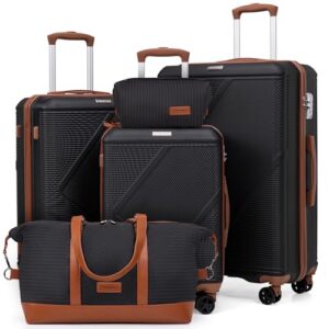 CONCEPTEN Luggage Sets 5 Piece, Hardside Spinner Suitcases with Wheels, Lightweight Carry On Luggage Set with TSA Lock, 20in 24in 28in ABS Hardshell Travel Set, Black