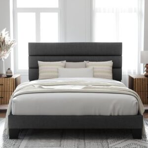 Allewie Full Size Platform Bed Frame with Fabric Upholstered Headboard Gray | Wooden Slats Support, Fully Upholstered Mattress Foundation, No Box Spring Needed, Easy Assembly, Noise-Free, Dark Grey