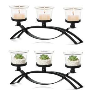 3-Arm Metal Tea Light Candle Holder Set with 5 Glass Cups, Votive Candle Holders Centerpiece Candelabra for Wedding Table Decor, Home Gatherings and Holidays (Black, 3 Cups-2 Pcs)