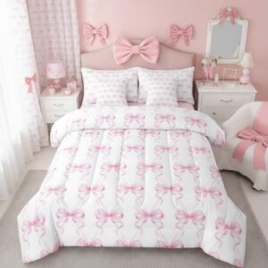 Erosebridal Pink Bowknot Comforter Set Ribbon Bow Bed in A Bag Twin Size 7 Pieces Bow Tie Bed Set Room Decor Cute Girly Bedding with Sheets
