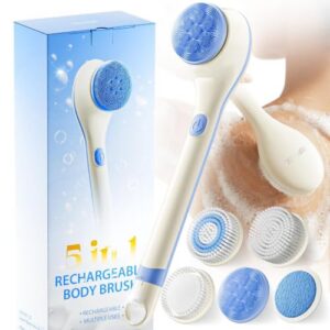 POPCHOSE Electric Body Brush for Shower with 5 Replaceable Brush Heads | Rechargeable Back Scrubber with 2 Speeds for Deep Cleansing, Shower Scrub Brush for Smoother Skin, Self Care Routine Gift