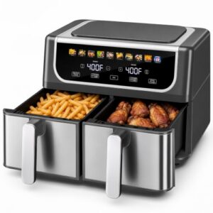 OLIXIS Dual Air Fryers with 2 Baskets 9.5 Quarts Large Airfryer 10-in-1 | Independent Temp Control 80-450°F, Ceramic Crisper Plate, Sync Setting, Shake Reminder, Bake Broil Defrost Dehydrate, Black