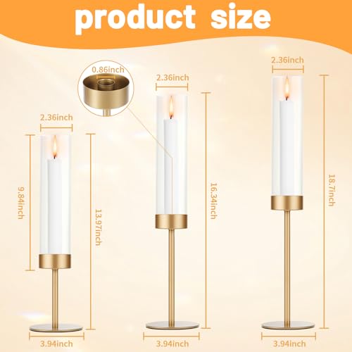 POKINE Glass Hurricane Candle Holders for Candlestick, Gold, Set of 3 | Removable Borosilicate Clear Glass Cylinder Cover, Matte Gold Finish, Wedding Table Centerpiece, Party Christmas Decor - Image 8