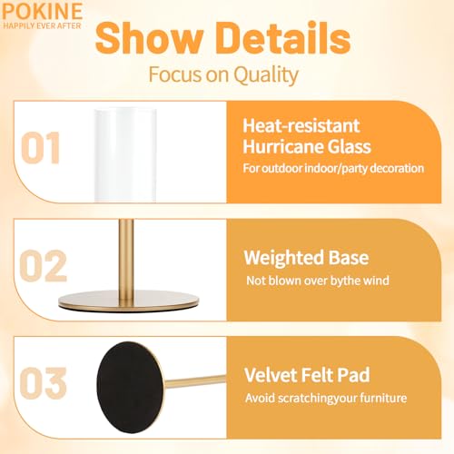 POKINE Glass Hurricane Candle Holders for Candlestick, Gold, Set of 3 | Removable Borosilicate Clear Glass Cylinder Cover, Matte Gold Finish, Wedding Table Centerpiece, Party Christmas Decor - Image 9