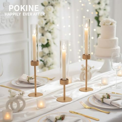 POKINE Glass Hurricane Candle Holders for Candlestick, Gold, Set of 3 | Removable Borosilicate Clear Glass Cylinder Cover, Matte Gold Finish, Wedding Table Centerpiece, Party Christmas Decor - Image 6