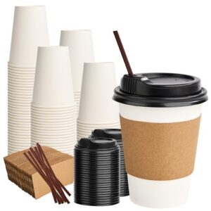 12 oz 100 Pack Disposable Paper Coffee Cups with Lids, Sleeves and Stirrers | BPA-free, Ideal for Office, Home, Coffee Shop, Picnic, Parties, Daily Use