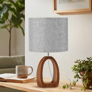 GOEBLESON Gray Table Lamp, Small Wood Bedside Lamp with Gray Linen Lampshade & Dark Pearwood Base, Modern Nightstand Lamp for Bedroom, Kid's Room, Cute Desk Lamp with Cable, E26 Socket, LH07TL05
