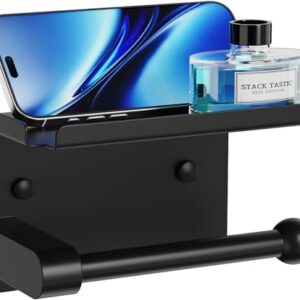 Toilet Paper Holder with Phone Storage Shelf, Matte Black | Wall Mount for Bathroom, No Drill Adhesive or Screw Mount, Rustproof Metal, Fits Mega Rolls