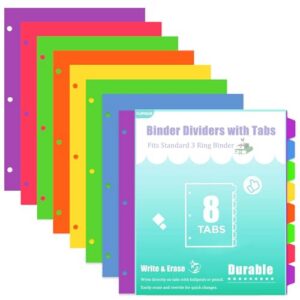 3 Ring Binder Dividers with Tabs - 8-Tab Colorful Plastic Page Dividers for Letter Size (8.5x11), Customizable Index Tabs, 3 Sets | Reusable Rainbow Binder Organizers