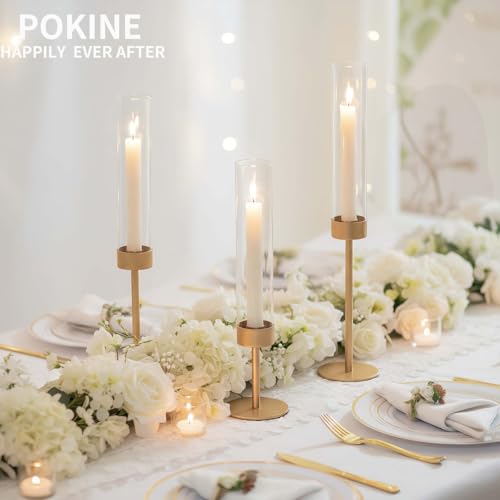 POKINE Glass Hurricane Candle Holders for Candlestick, Gold, Set of 3 | Removable Borosilicate Clear Glass Cylinder Cover, Matte Gold Finish, Wedding Table Centerpiece, Party Christmas Decor - Image 5