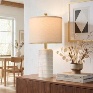 PoKat 21'' Modern Ceramic Table Lamp with Gift Box, White for Bedroom,Small | Bedside Lamps for Nightstands, Gold Pole Design, Farmhouse Home Decor for Living Room, Ideal Housewarming Gift for Women