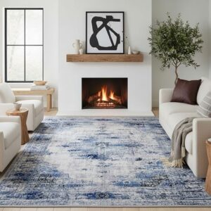 jxgzyy 6x9 Area Rug for Living Room, Machine Washable Abstract Carpet | Low-Pile Vintage Distressed Blue and Cream Rug with Non-slip Backing, Floor Mat for Living Room, Bedroom, Dorm, Home Office