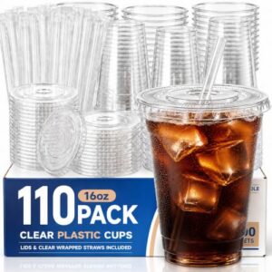 110 Pack 16 oz Disposable Clear Plastic Cups with Lids and Straws | BPA-Free & Heavy-Duty Design, Leak-Resistant for Iced Coffee, Cold Drinks, Smoothies, Matcha, Juice, Soda, Parties & More
