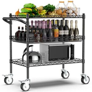 Leteuke 3 Tier Rolling Carts with Wheels, Heavy Duty Rolling Utility Cart | NSF Commercial Grade Metal Cart with Handle&Shelf Liner,Trolley Serving Cart for Kitchen,Restaurant,Plant Display,Black