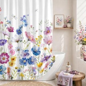 Spring Floral Shower Curtain Watercolor Wildflowers Bathroom Curtain Set