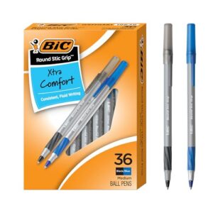 BIC Ballpoint Pen, Black and Blue Ink, 36-Count | Long-lasting Ink, Smooth Consistent Lines, Soft Barrel, Enhanced Comfort, Part of the Round Stic Grip Xtra Comfort Series
