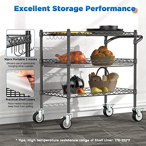 Leteuke 3 Tier Rolling Carts with Wheels, Heavy Duty Rolling Utility Cart | NSF Commercial Grade Metal Cart with Handle&Shelf Liner,Trolley Serving Cart for Kitchen,Restaurant,Plant Display,Black - Image 7