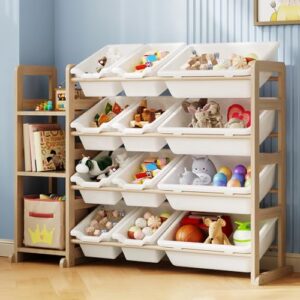 EXPERLAM Kids Toy Storage Organizer, 3-Tier Bookshelf, 12 Storage Bins | Independent toy sorting and cleanup with white bins, kid-height access and a solid pine frame for kids rooms and playrooms