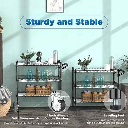Leteuke 3 Tier Rolling Carts with Wheels, Heavy Duty Rolling Utility Cart | NSF Commercial Grade Metal Cart with Handle&Shelf Liner,Trolley Serving Cart for Kitchen,Restaurant,Plant Display,Black - Image 6