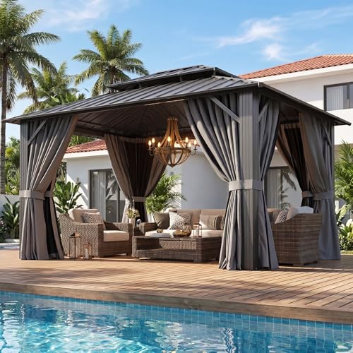Aoxun Gazebo 10x12 Hardtop Gazebo with Double Galvanized Steel Roof, Gray