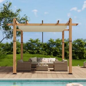 10' X 10' Outdoor Pergola with Retractable Canopy Aluminum Pergola Faux Wood Metal Pergolas Shelter for Backyard, Deck, Patio, Garden Porch Beach Sun Shade Pavilion Grape Trellis Grill, Beige