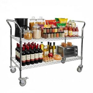 Northsky 2-Shelf Wire Utility Cart on Wheels, Chrome Finish Rolling Metal Shelving with Wheels, 550lb Capacity, 47" x 18" x 38" 47 in x 17.5 in x 38 in, 2 Tier Rolling Cart for Kitchen Bar Storage Use