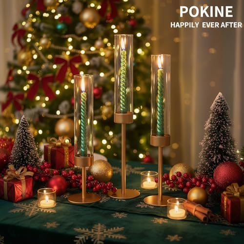 POKINE Glass Hurricane Candle Holders for Candlestick, Gold, Set of 3 | Removable Borosilicate Clear Glass Cylinder Cover, Matte Gold Finish, Wedding Table Centerpiece, Party Christmas Decor - Image 4