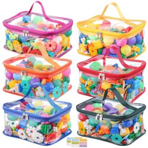 6 Pack Clear Toy Storage Bags, PVC Waterproof Toy Organizer, Colorful | Waterproof PVC, Transparent View, Reusable Zip Bags, Label Tags, for Blocks, Puzzles, Board Games, Travel and Home Storage