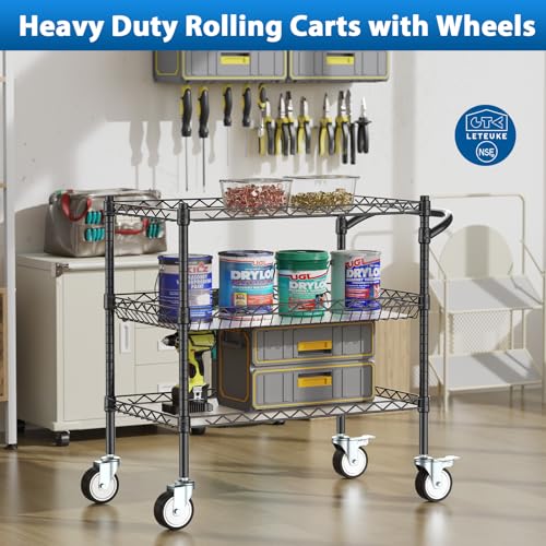 Leteuke 3 Tier Rolling Carts with Wheels, Heavy Duty Rolling Utility Cart | NSF Commercial Grade Metal Cart with Handle&Shelf Liner,Trolley Serving Cart for Kitchen,Restaurant,Plant Display,Black - Image 2