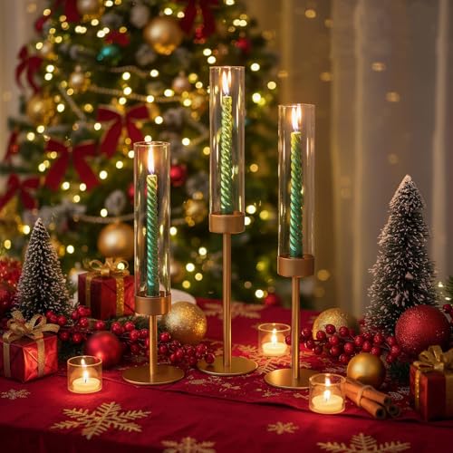 POKINE Glass Hurricane Candle Holders for Candlestick, Gold, Set of 3 | Removable Borosilicate Clear Glass Cylinder Cover, Matte Gold Finish, Wedding Table Centerpiece, Party Christmas Decor - Image 2