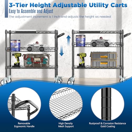 Leteuke 3 Tier Rolling Carts with Wheels, Heavy Duty Rolling Utility Cart | NSF Commercial Grade Metal Cart with Handle&Shelf Liner,Trolley Serving Cart for Kitchen,Restaurant,Plant Display,Black - Image 3