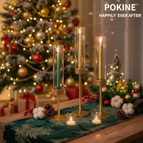 POKINE Glass Hurricane Candle Holders for Candlestick, Gold, Set of 3 | Removable Borosilicate Clear Glass Cylinder Cover, Matte Gold Finish, Wedding Table Centerpiece, Party Christmas Decor - Image 3