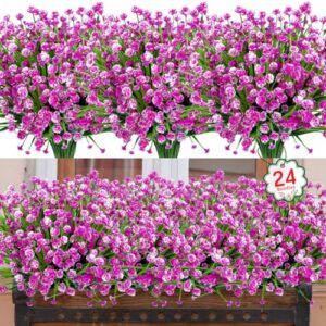 Ouddy Decor 24 Bundles Artificial Flowers for Outdoors Decorations, Fuchsia | Fake plants, plastic flowers, faux greenery stems, UV resistant, for indoor garden patio window box kitchen home decor