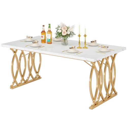 Tribesigns 63" Dining Table for 4 to 6, White and Gold Kitchen Table | Modern Large Rectangular Dinner Table Kitchen & Dining Room Furniture with Faux Marble Tabletop and Geometric Legs - Image 9