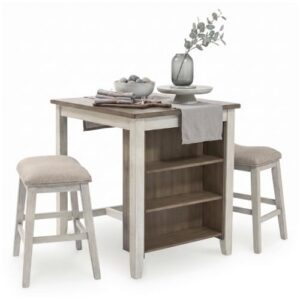 Signature Design by Ashley Skempton 3-Piece Counter Height Dining Table Set | Two-tone acacia wood set, 3 built-in open shelves, 2 upholstered saddle stools, Space-saving tuck-away design, Dining room