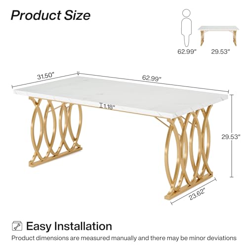 Tribesigns 63" Dining Table for 4 to 6, White and Gold Kitchen Table | Modern Large Rectangular Dinner Table Kitchen & Dining Room Furniture with Faux Marble Tabletop and Geometric Legs - Image 2