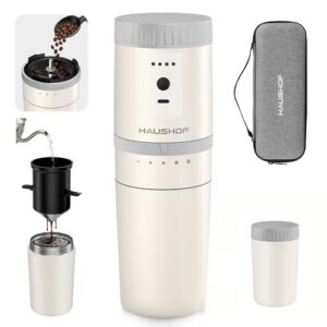 HAUSHOF Portable Coffee Maker for Travel, Rechargeable Electric Grinder | Collapsible Pour-Over Filter;5 Adjustable Grind Levels;Carry Bag for Easy Travel