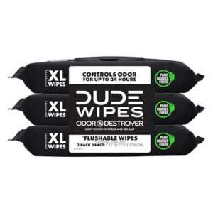 DUDE Wipes Odor Destroyer Adult Flushable Wet Wipes, Deodorizing, 144 Count | Controls odor for up to 24 hours. Lightly scented XL flushable butt wipes. Septic safe, plastic-free wipes. 3 packs of 48.