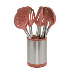 Glad Kitchen Utensils Set, 8pcs - Nonstick Cooking Tools with Stainless Steel Handles & Rotating Utensil Holder - Turners, Ladle, Spoon, Tongs, Spaghetti Server, and Skimmer - Dishwasher Safe, Rust