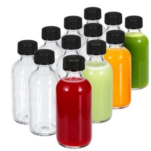 JohnBee 12-Pack 2 oz (60ml) Small Glass Boston Round Bottles with Lids | Leak-Proof Mini Travel Containers for Essential Oil, Portioning, Lotion, Samples | W/Labels, Funnels & Brushes