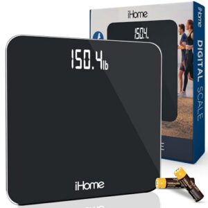 iHome Digital Bathroom Scale for Body Weight, 397 lb Weight Scale, Black | Digital Scales for Body Weight, Bathroom Scales for Weight, LED Display, 11 x 11 in Tempered Glass, 2 AAA Batteries Included